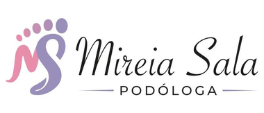 Logotipo con dise&ntilde;o en forma de pie en color rosa y morado, nombre &ldquo;Mireia Sala&rdquo; y &ldquo;POD&Oacute;LOGA&rdquo; debajo