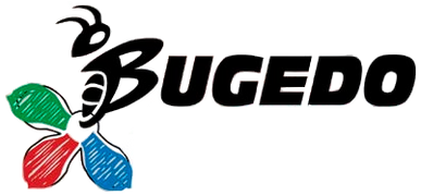 Logotipo de BUGEDO con nombre en negro y emblema multicolor en forma de hoja en rojo, verde y azul.