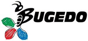 Logotipo de BUGEDO con nombre en negro y emblema multicolor en forma de hoja en rojo, verde y azul.