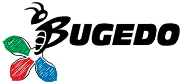 Logotipo de BUGEDO con nombre en negro y emblema multicolor en forma de hoja en rojo, verde y azul.