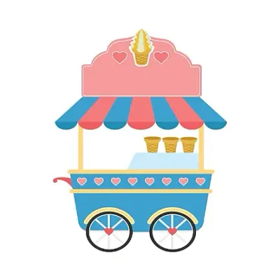 Un carrito de helados con un toldo rosa y azul y tres conos de helado.