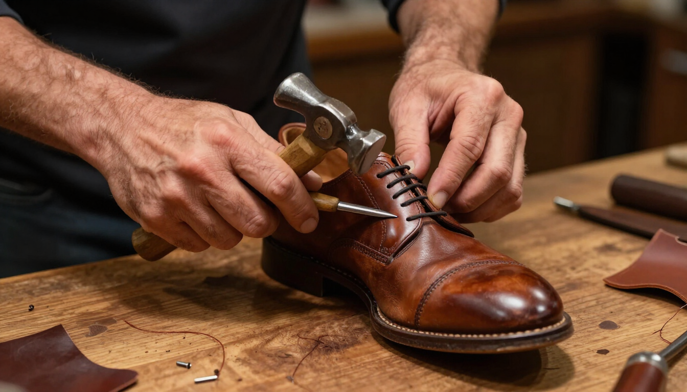 Zapatero martillando una bota de cuero marrón sobre un banco de trabajo con herramientas cerca
