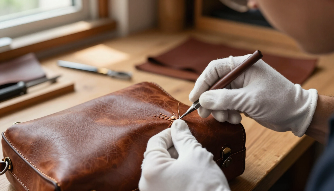 Manos enguantadas cosen un bolso de cuero marrón sobre una mesa de trabajo de madera cerca de una ventana.