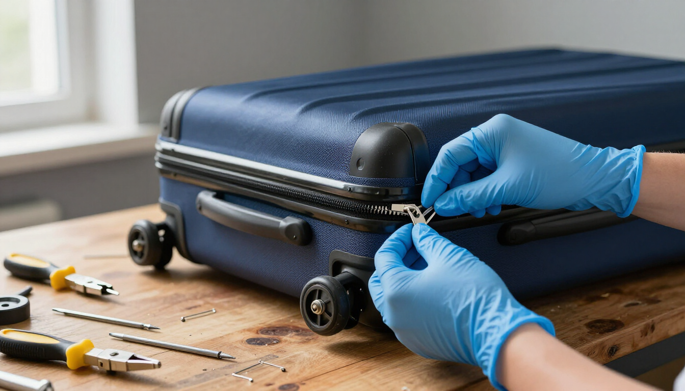 Unas manos enguantadas reparan la cremallera de una maleta azul sobre una mesa de madera con herramientas a su alrededor.