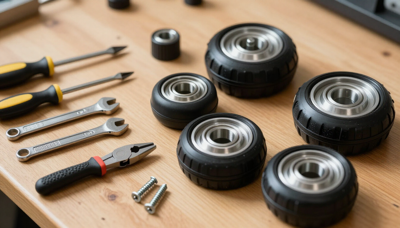 Diversas herramientas manuales y pequeñas ruedas negras dispuestas sobre un banco de trabajo de madera.