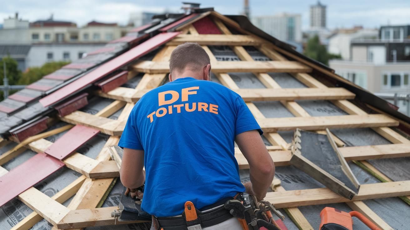 Artisan couvreur DF Toiture réalisant la rénovation d'une toiture, avec pose de la charpente, liteaux et éléments de couverture pour garantir l'étanchéité et la durabilité du toit.