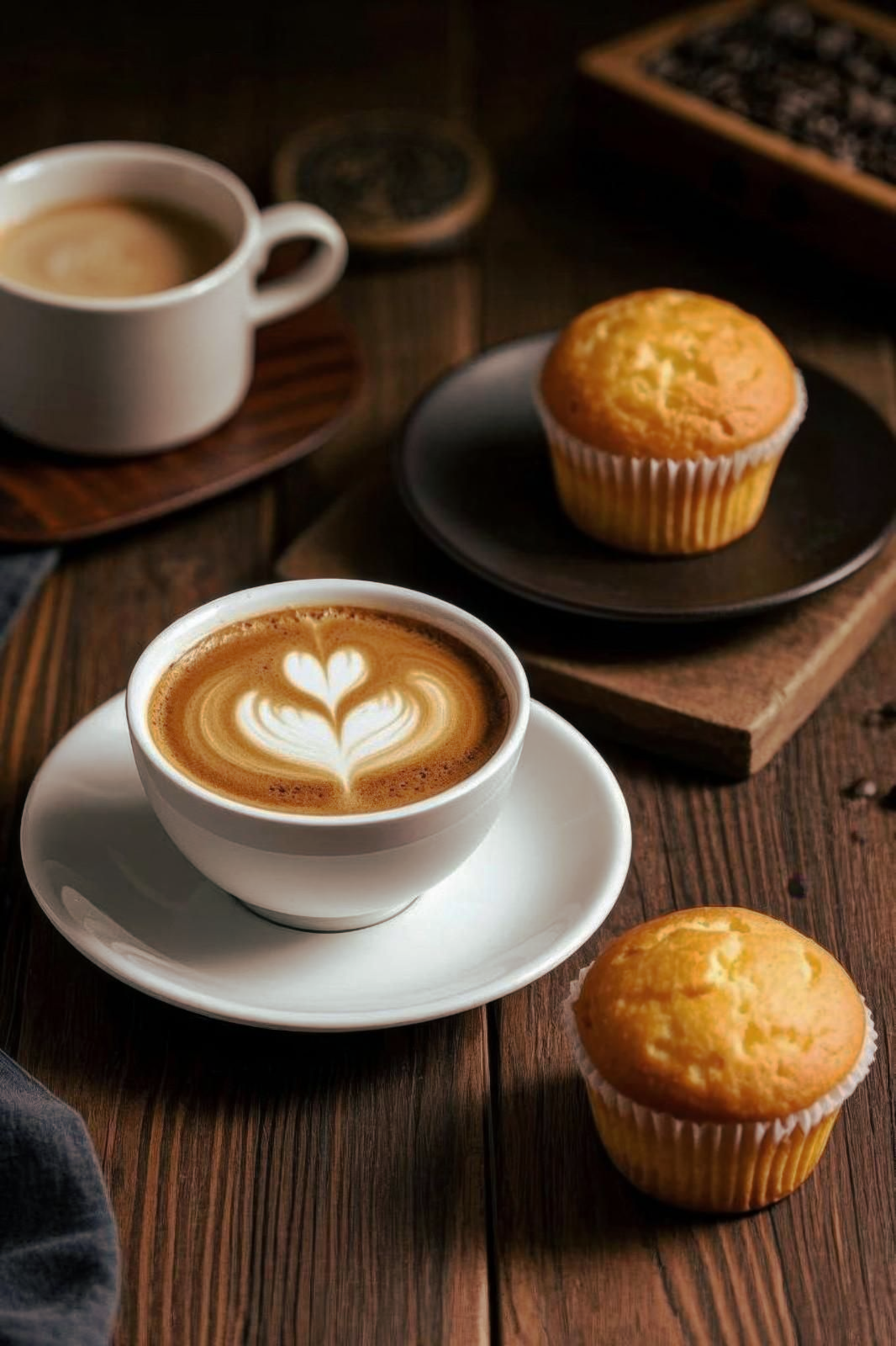 Café con leche con arte de corazón, taza de café y dos muffins sobre una superficie de madera.