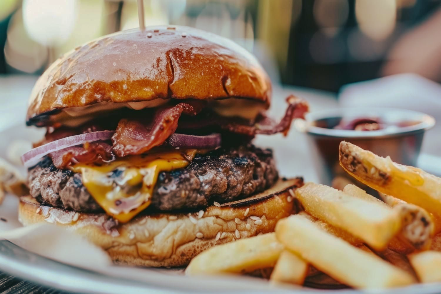 Hamburguesa con queso, tocino y cebolla roja en un pan, servida con papas fritas y un pequeño plato de salsa.