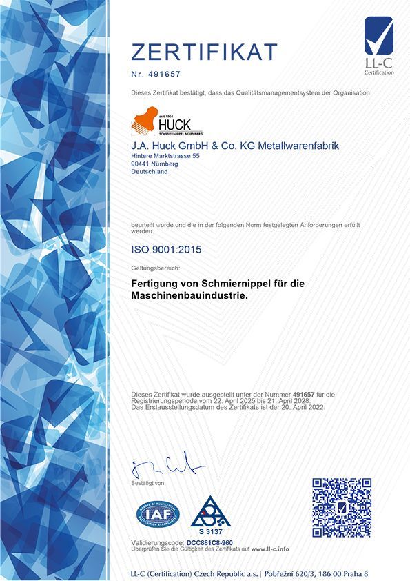 Zertifikat für JA Huck GmbH & Co. KG, Hersteller von Schrauben für die Maschinenbauindustrie, mit ISO 9001:2015-Siegel.