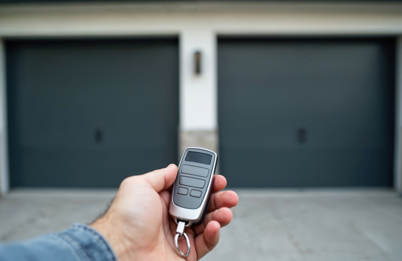 Une main tenant une télécommande de voiture dirigée vers deux portes de garage fermées