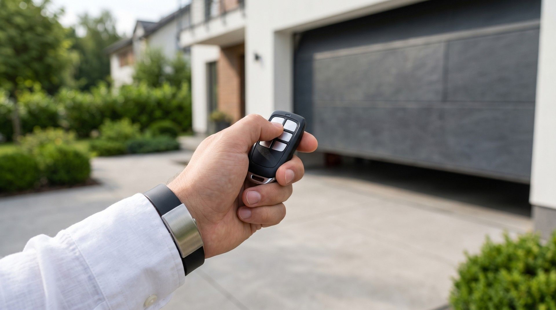 Une main tient une clé de voiture devant la porte fermée du garage d’une maison