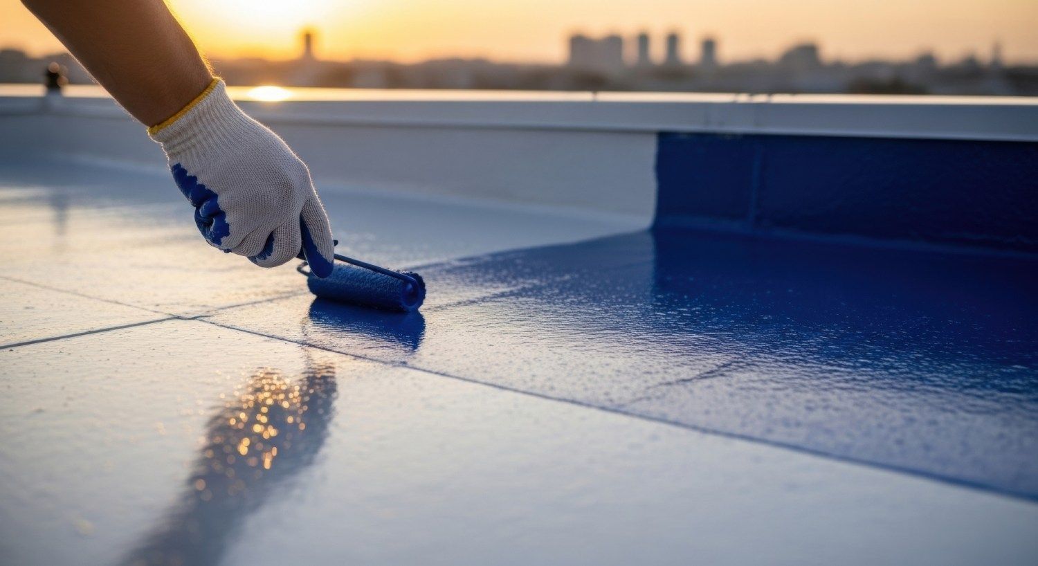 Pintando a mano un techo plano con pintura azul usando un rodillo, contra el horizonte de una ciudad.