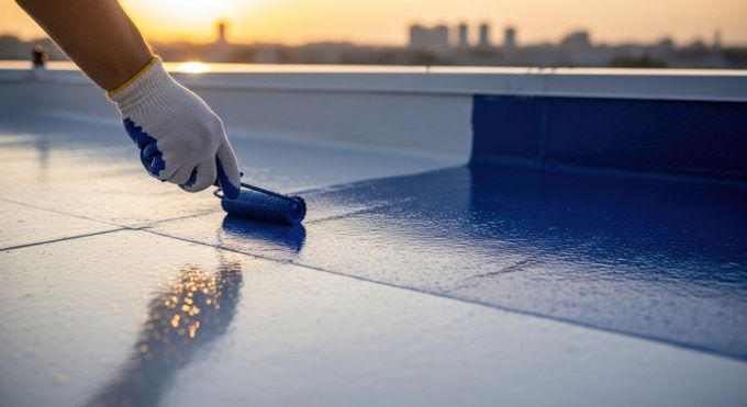 Pintando a mano un techo plano con pintura azul usando un rodillo, contra el horizonte de una ciudad.