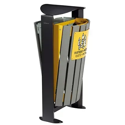 Corbeille de rue avec revêtement en bois et couleur jaune