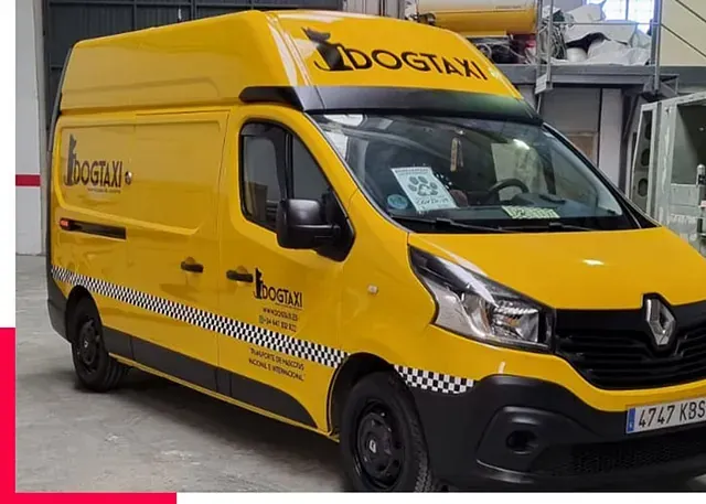 Una furgoneta amarilla con la palabra dogtaxi en el lateral está estacionada en un garaje.