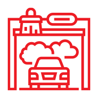 Un icono de línea roja de un coche que se lava en un garaje.