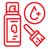 Un icono de línea roja de una botella de aceite, un gotero y un pincel.