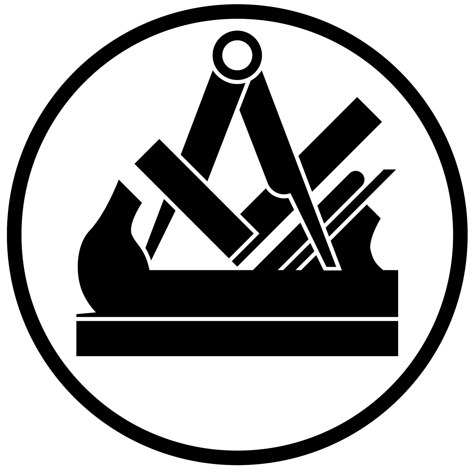ein schwarz-weißes Symbol mit einer Maschine und Werkzeugen in einem Kreis