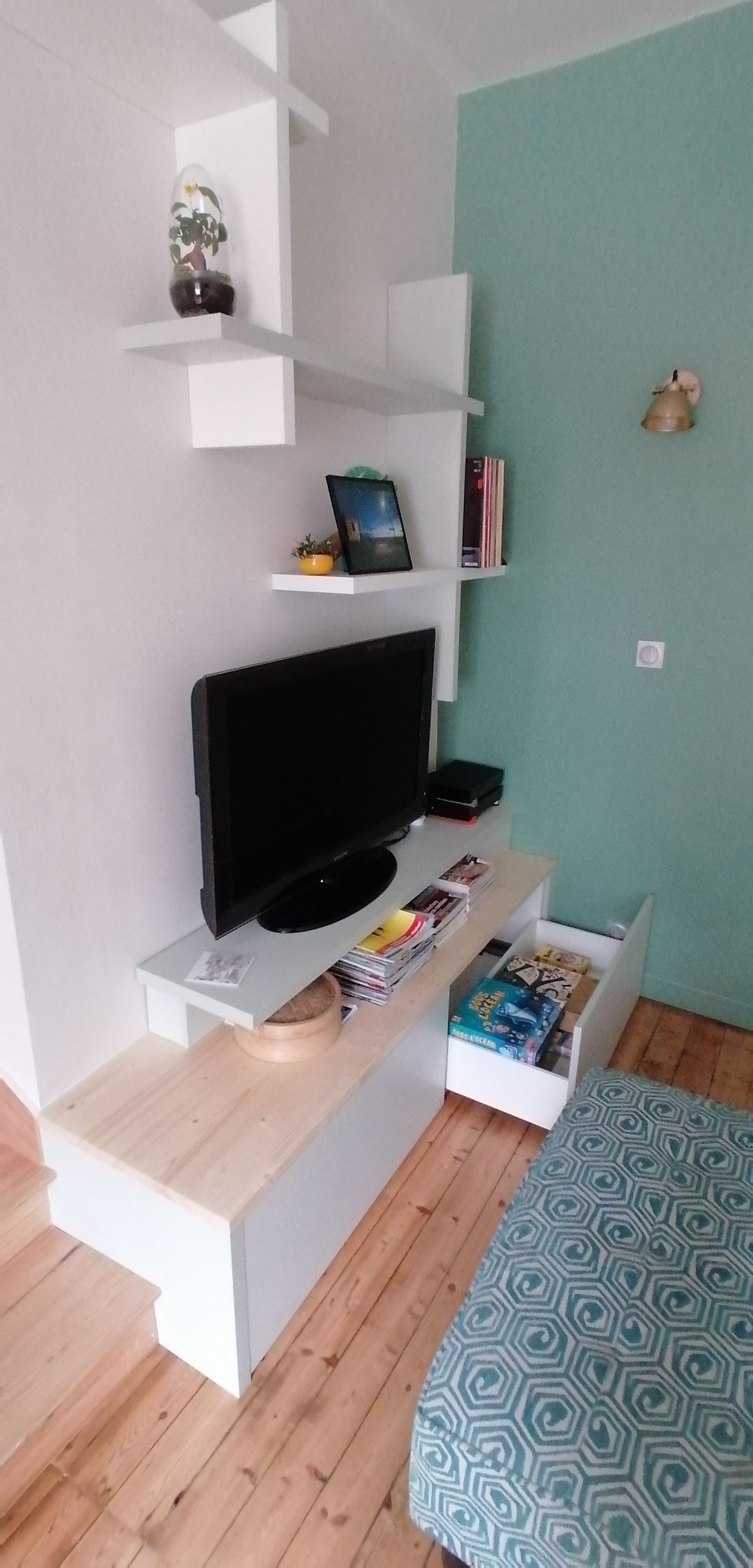 Étagères murales sur mesure avec meuble pour télévision et tapis