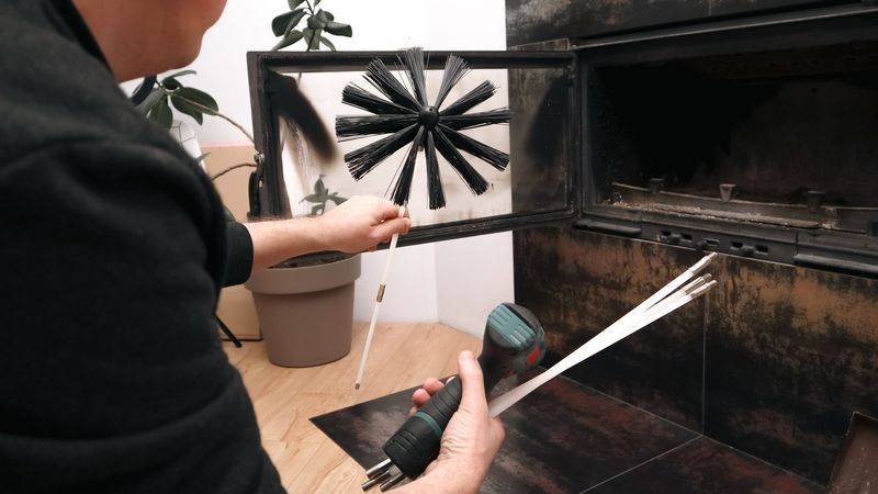 Une personne réalise le ramonage d'une cheminée par l'intérieur