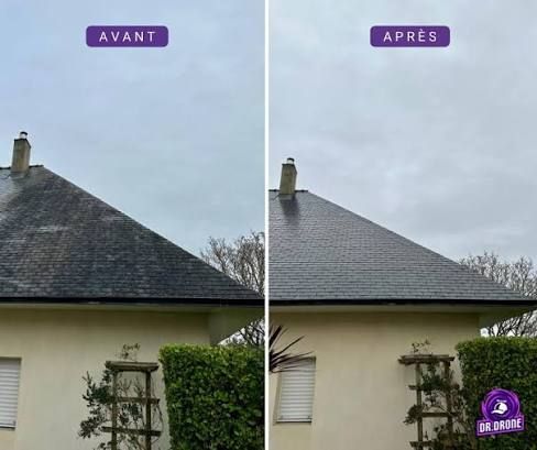 Comparaison avant/après d'une toiture : des bardeaux sombres et abîmés par les intempéries ont été nettoyés.