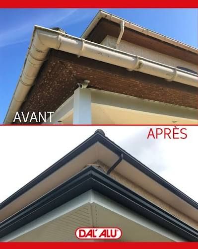 Avant et après la réparation des gouttières d'une maison : anciennes gouttières beiges, puis gouttières sans joint gris foncé.