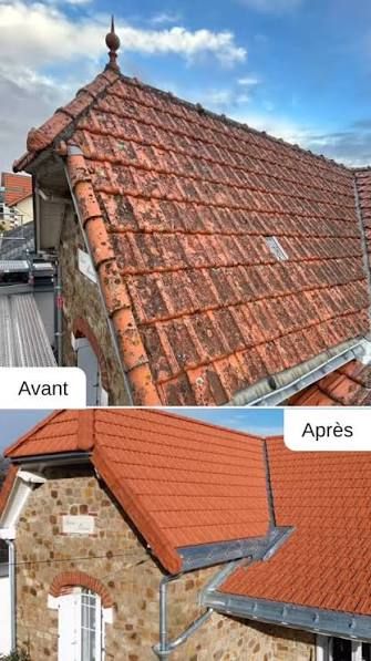 Vue avant et après de la réparation d'un toit de tuiles rouges sur une maison, montrant le remplacement des tuiles endommagées et la réparation des faîtières.