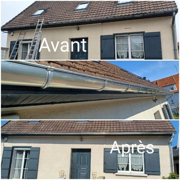 Avant/après d’une façade beige, dont la gouttière et la toiture sont rénovées, avec des volets bleus ouverts.