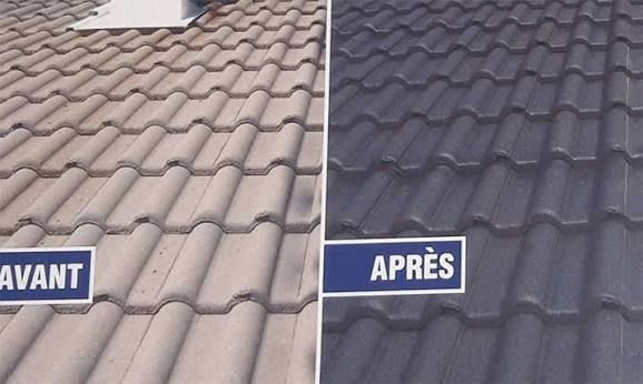 Tuiles de toit avant et après nettoyage : tuiles claires avant et tuiles sombres après.
