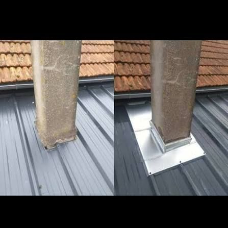 Avant et après d'une cheminée de toit avec solins métalliques sur un toit en métal gris foncé, à côté d'une toiture en tuiles rouges.