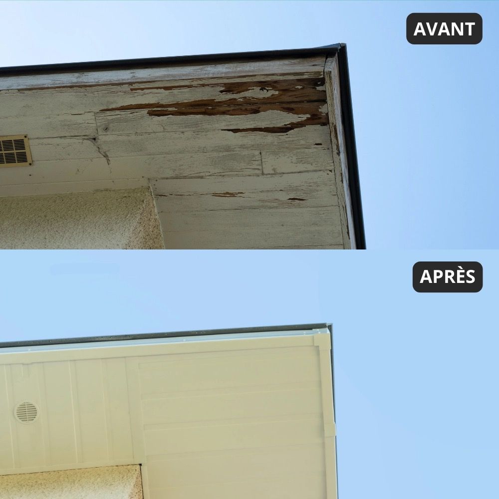 Avant et après la rénovation des avant-toits : la peinture brune écaillée a été remplacée par un bardage lisse couleur crème claire.