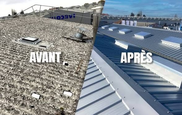 Comparaison de réparations de toiture : toiture grise patinée à côté d'une toiture bleu-gris brillante