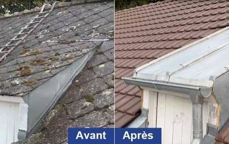Vue avant et après de la réparation d'une gouttière sur un toit de tuiles rouges.
