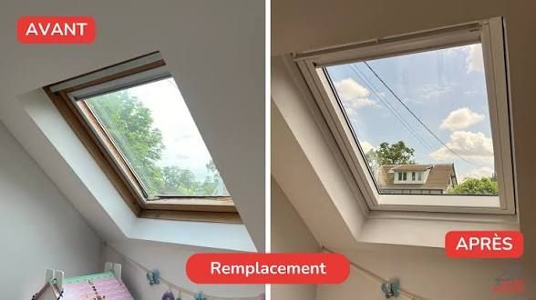 Avant et après le remplacement d'une fenêtre de toit : ancien cadre en bois à gauche, nouveau cadre blanc à droite.