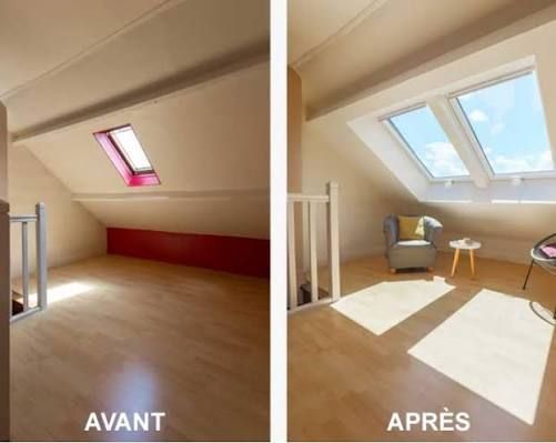 Avant et après la rénovation d'une pièce mansardée avec fenêtres de toit, montrant un espace vide et sombre et une transformation lumineuse et meublée.