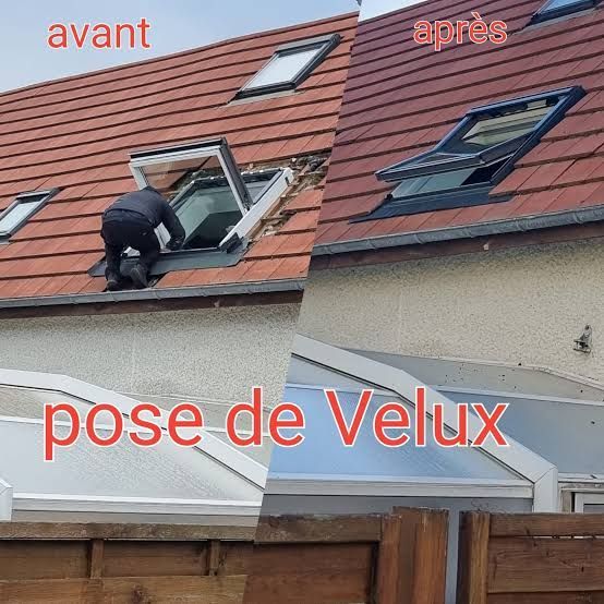 Avant et après l'installation d'une fenêtre de toit Velux sur une maison aux tuiles rouges.