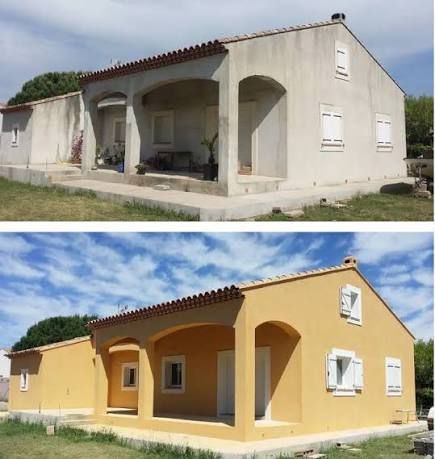 Vue avant et après de l'extérieur d'une maison : blanc non peint en haut, jaune peint en bas.