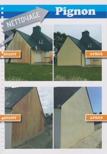 Photos avant et après le nettoyage extérieur de la maison, montrant un mur et un toit en meilleur état.