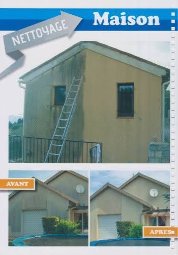 Collage avant/après nettoyage extérieur d'une maison avec échelle, montrant le bardage et le toit beige délavé.