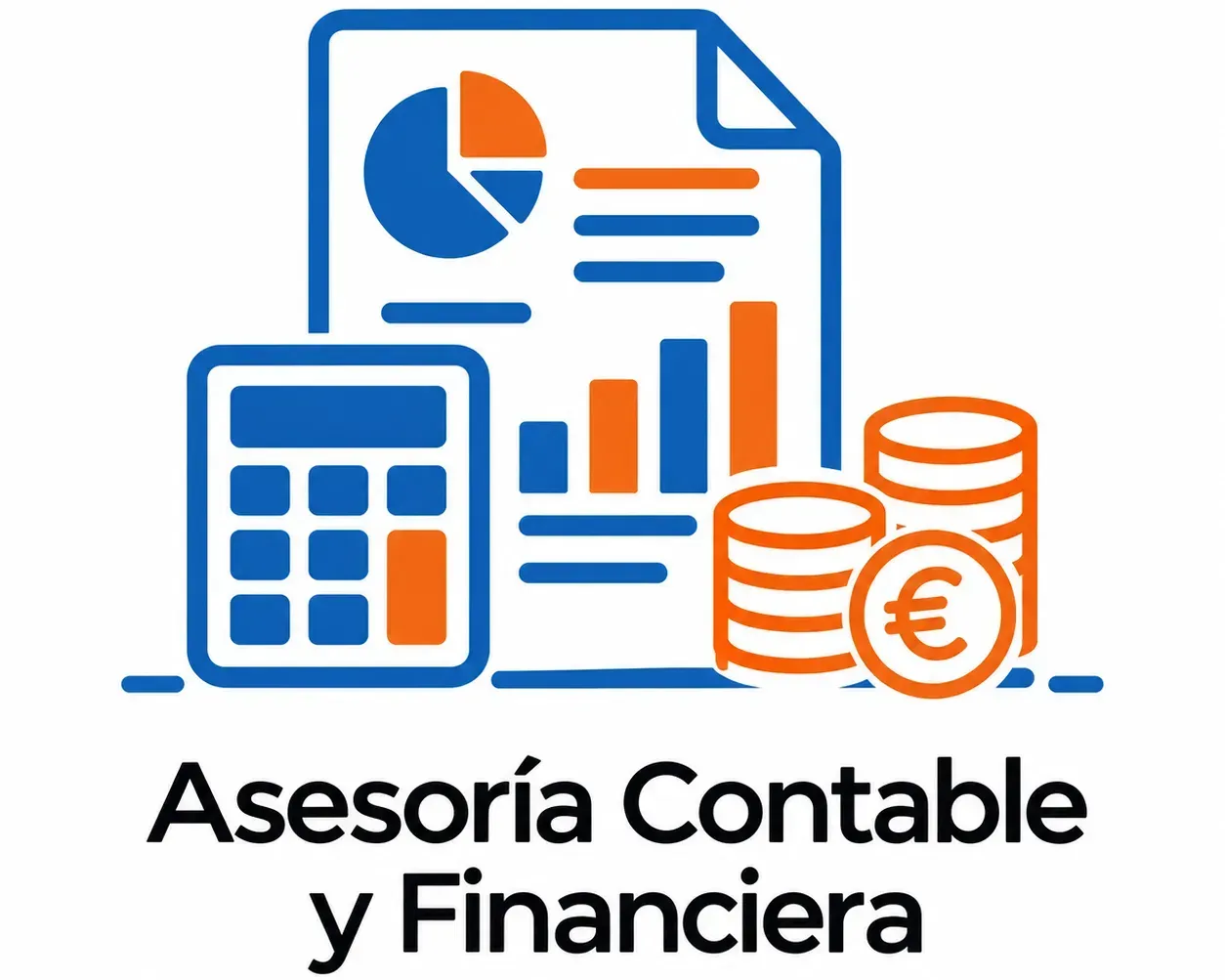 Logotipo de asesoría contable y financiera con calculadora, gráficos y monedas en azul y naranja