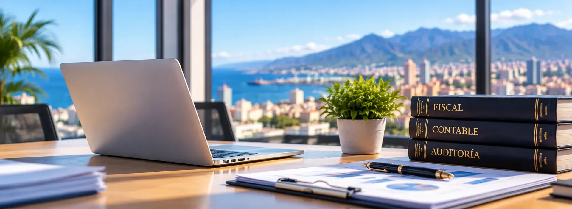 Laptop and notebooks on a desk with city and mountain view through a large window