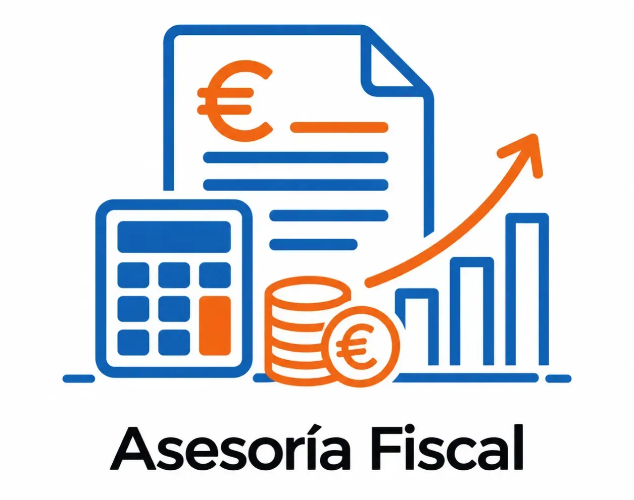 Logotipo de asesoría fiscal con una calculadora, símbolos del euro, documentos, un gráfico de barras 