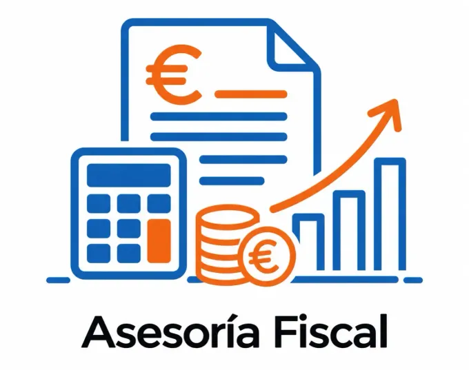 Logotipo de asesoría fiscal con una calculadora, símbolos del euro, documentos, un gráfico de barras 