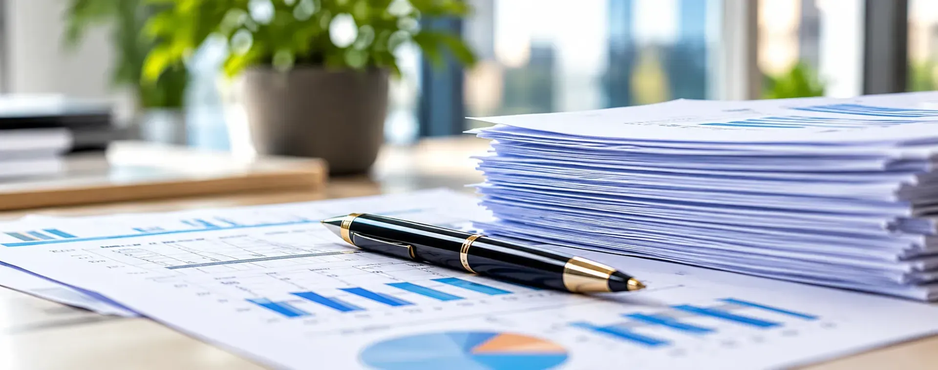 Spreadsheet and pen on a desk beside a stack of papers in an office setting