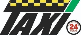 Logotipo de taxi con parte superior en forma de tablero de ajedrez, franja verde e ícono "24 HORAS".