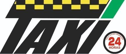 Logotipo de taxi con parte superior en forma de tablero de ajedrez, franja verde e ícono "24 HORAS".