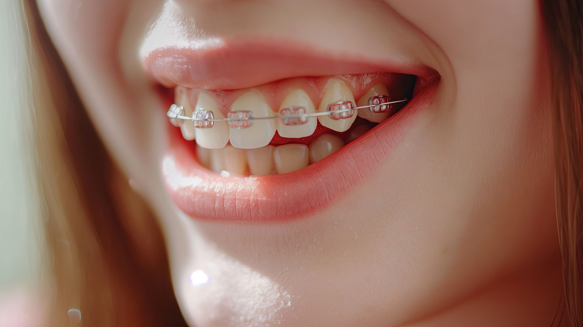 Primer plano de una persona sonriente con brackets, con elásticos rosas visibles.