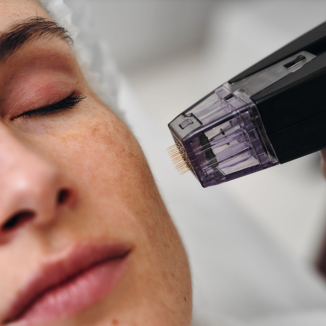 Femme subissant un traitement de microneedling du visage.