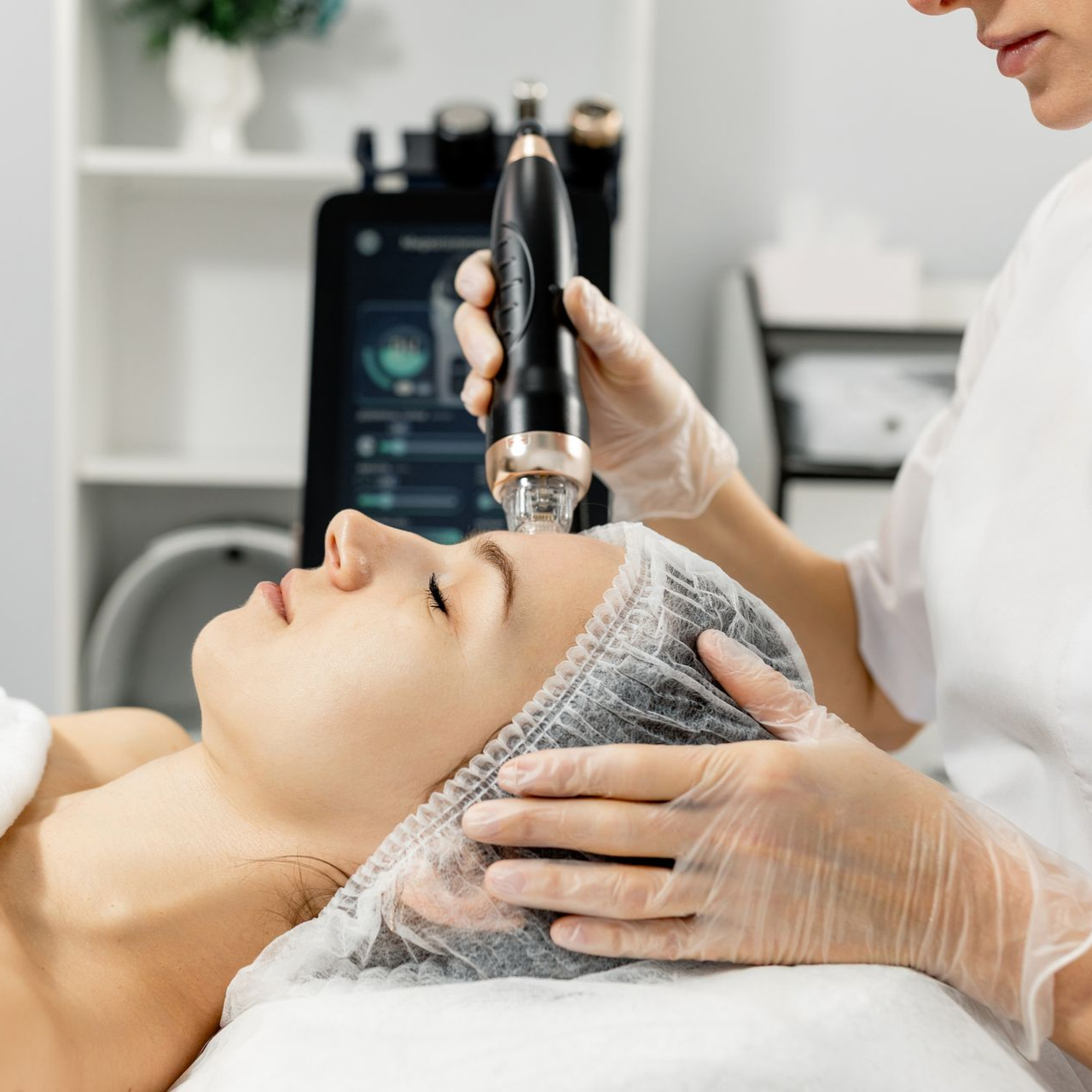 Une femme reçoit un soin du visage dans un cabinet esthétique.