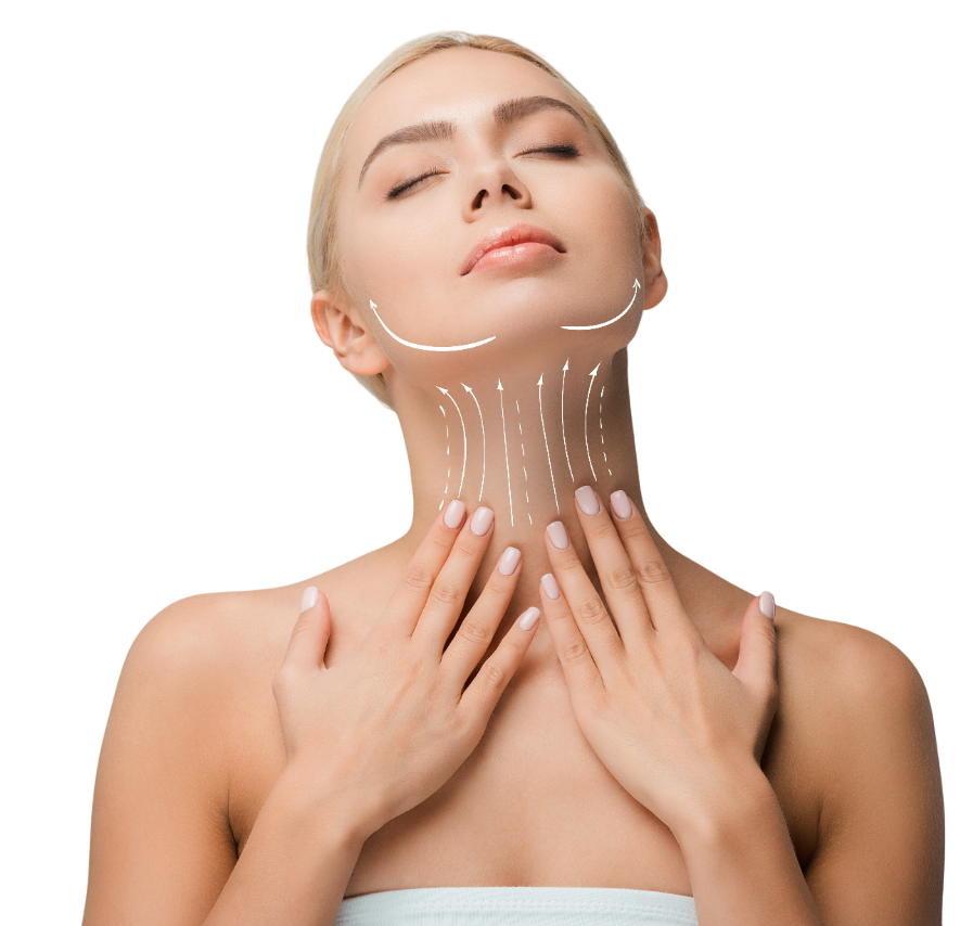 Femme aux yeux fermés, des flèches blanches sont représentées sur le visage et le cou.